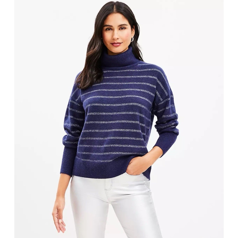 Loft Shimmer Silver Metallic Stripes Turtleneck Long Sleeve Cozy Sweater Stretch